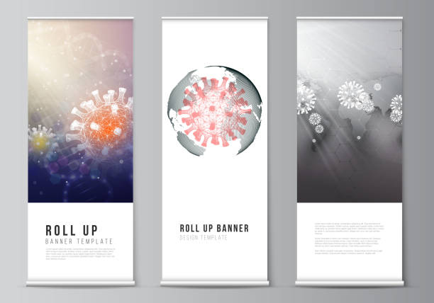 ilustrații de stoc cu dispunerea vectorială a șabloanelor de design roll up mockup pentru pliante verticale, șabloane de design steaguri, standuri banner. fond medical 3d al virusului corona. covid 19, infecție cu coronavirus. conceptul de virus. - covid 19