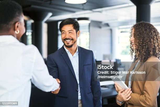 Smiling Businessman Shaking Hands With Colleague Stock Photo - Download Image Now - Handshake, Business, Asian and Indian Ethnicities