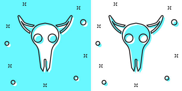 illustrations, cliparts, dessins animés et icônes de icône noire de crâne de buffalo de ligne isolée sur le fond vert et blanc. formes dynamiques aléatoires. illustration vectorielle - animal skull cow animal black background