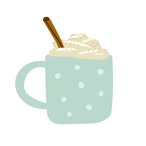 Cozy scandinavian Eggnog, coffee, cocoa, chocolate illustration Cozy scandinavian food vector illustration. A blue cup is filled with hot drink, foam, cream, cinnamon. Eggnog, coffee, cocoa, chocolate, milk isolated on a white background. Winter holidays element christmas eggnog stock illustrations