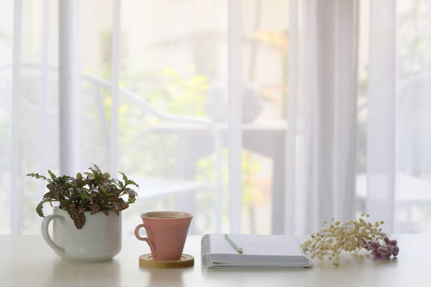 istock Interior house decor with pink coffee and white notebook and blue pencil and plants with see through curtain 1222915839