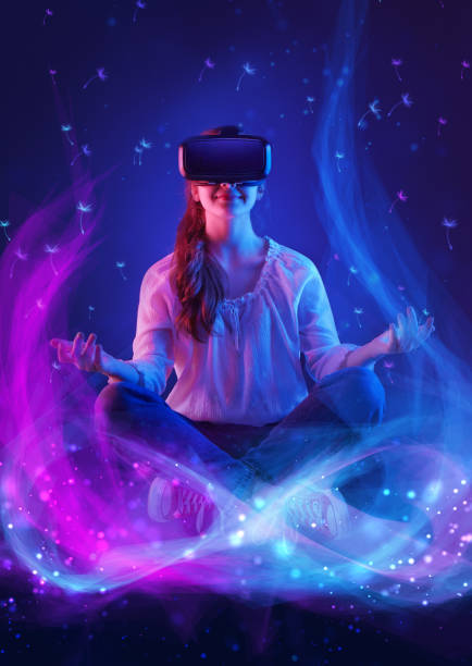 Woman with glasses of virtual reality. Future technology concept. Colorful neon lights.