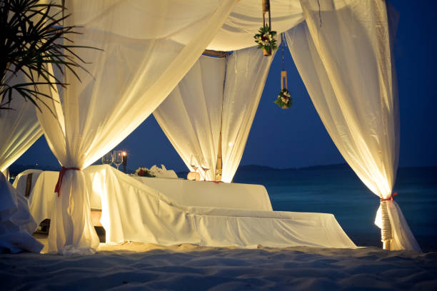 istock Restaurant tent with table served on the beach 1222918617