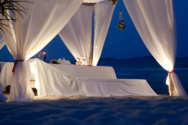 Restaurant tent with table served on the beach
