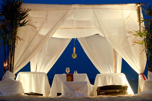 istock white tent in the night on the beach 1222918624