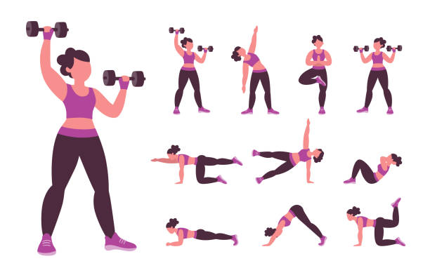 Different samples for doing exercise at home Collection of strength and calisthenics exercises that you can do at home. Set 1 of 2. Vector illustration with characters isolated on white background. exercise routine stock illustrations
