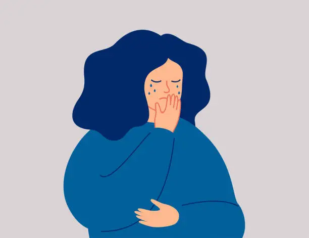 Vector illustration of Depressed young girl is crying covering her face with one hand.