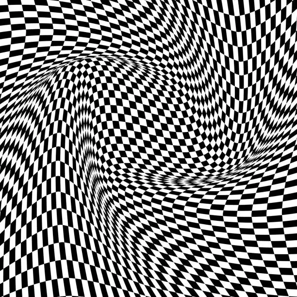 Vector illustration of Abstract black and white curved grid vector background. Abstract black and white geometric pattern with squares. Contrast optical illusion. Vector Illustration