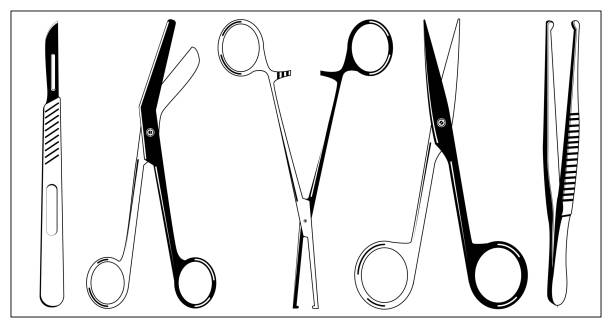 Vector illustration with outlines of Surgical Instrument. Scalpel, clamp, scissors, tweezers. For web, logo, app, UI Vector illustration with outlines of Surgical Instrument. Scalpel, clamp, scissors, tweezers. Stylized drawing for your web site design, logo, app, UI. Isolated stock illustration on white background. knife wound illustrations stock illustrations