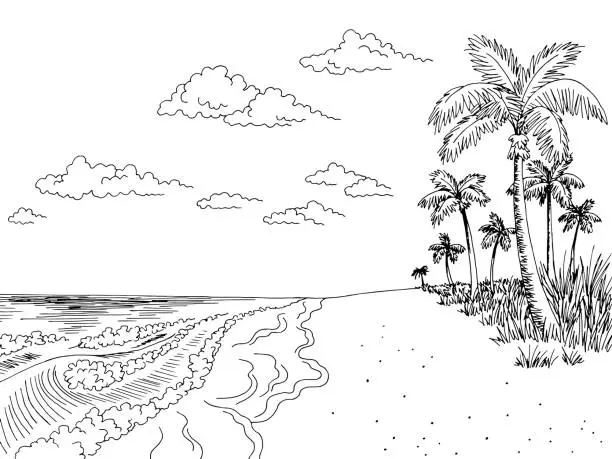 Vector illustration of Sea coast graphic beach black white landscape sketch illustration vector