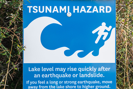 Tekapo New Zealand. 03-10-2020. Tsunami evacuation sign  at Lake Tekapo in New Zealand