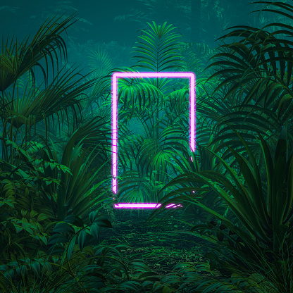 3D illustration of surreal glowing rectangular portal floating in lush green jungle