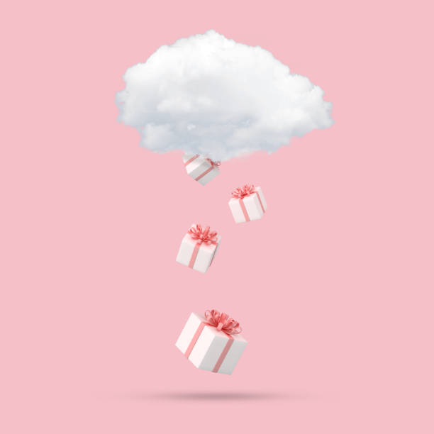 concepto mínimo de nube blanca flotante y caída de la caja actual sobre fondo rosa. renderizado 3d. - rose pink bright simply fotografías e imágenes de stock