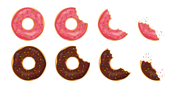 Bitten donut with sprinkles on isolated background. Cartoon tooth bite doughnut. Chocolate cake or biscuit for snack. Collection of tasty pastry from bakery. Candy glazed delicious donuts. vector