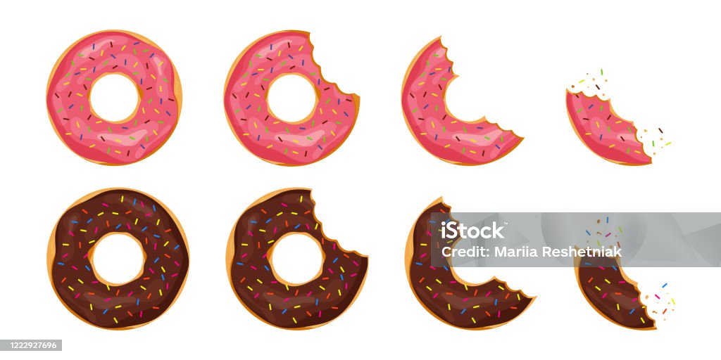 Bitten donut with sprinkles on isolated background. Cartoon tooth bite doughnut. Chocolate cake or biscuit for snack. Collection of tasty pastry from bakery. Candy glazed delicious donuts. vector. Bitten donut with sprinkles on isolated background. Cartoon tooth bite doughnut. Chocolate cake or biscuit for snack. Collection of tasty pastry from bakery. Candy glazed delicious donuts. vector Doughnut stock vector