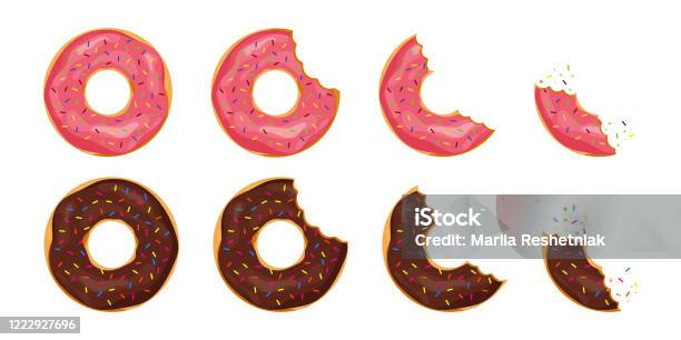 Bitten Donut With Sprinkles On Isolated Background Cartoon Tooth Bite Doughnut Chocolate Cake Or Biscuit For Snack Collection Of Tasty Pastry From Bakery Candy Glazed Delicious Donuts Vector Stock Illustration - Download Image Now