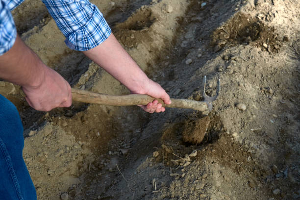 istock Young man working in the garden using a mattock to remove the ground 1222927743