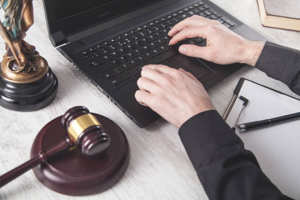 istock Judge using laptop. Law and justice 1222927923