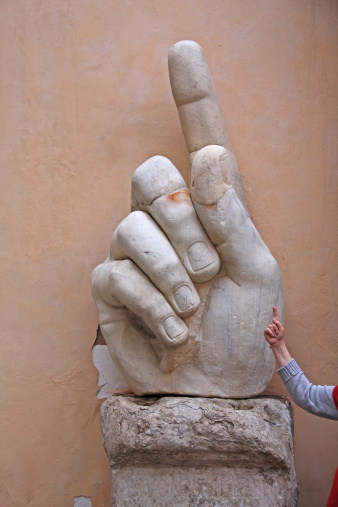 The hand of the colossus of Constantine in the Capitoline Museums in Rome (Italy).