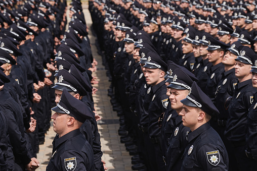 KYIV, UKRAINE - JULY 04, 2015: About 2,000 new street patrol police officers took the oath rite during a ceremony in Sofiivska square and will start their patrol of streets in Kyiv.