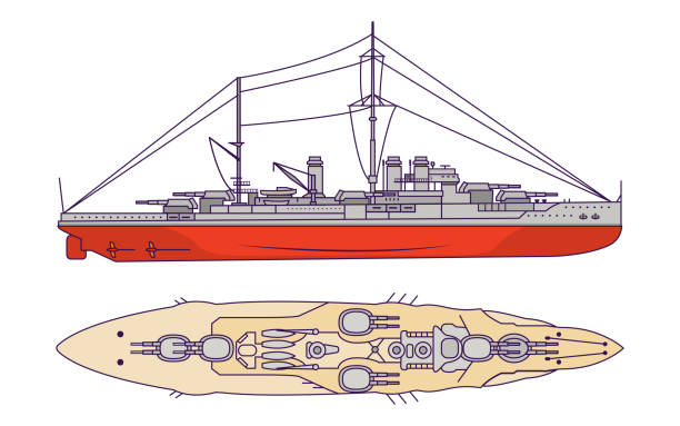 ilustraciones, imágenes clip art, dibujos animados e iconos de stock de acorazado de la primera guerra mundial y segunda guerra mundial. nave de artillería naval de combate. nave militar con vista lateral de armas y vista superior. - destroyer