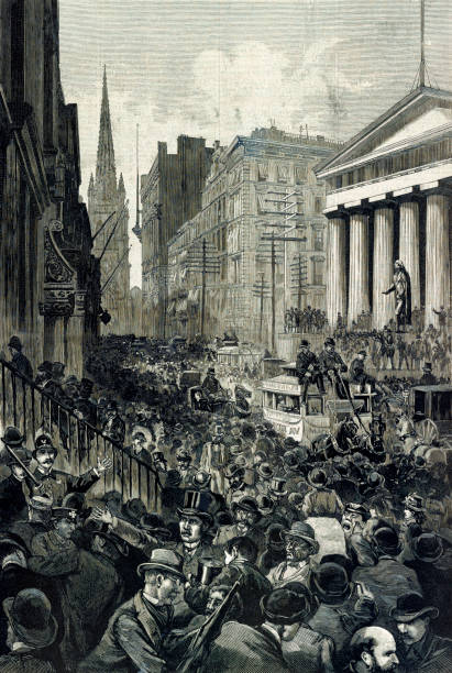 ilustraciones, imágenes clip art, dibujos animados e iconos de stock de el pánico económico de wall street de 1884 - 1884