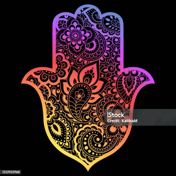  Ilustración de Colorido Símbolo Dibujado A Mano De Hamsa Con Flor Patrón Decorativo En Estilo Oriental
