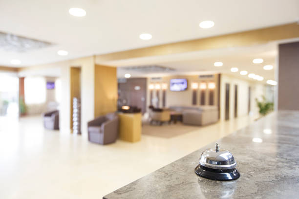 istock Hotel reception counter desk with service bell 1222934693