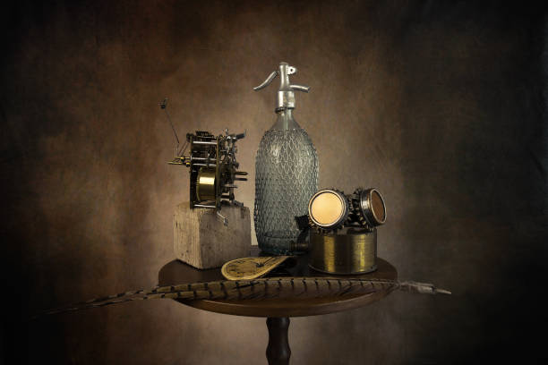 Objects on the table is an ancient vase of flowers, fruit, wine glass.The photo was taken using a light effect brush.