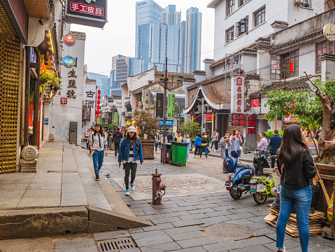 Changsha/China-17 October 2018:Unacquainted People or tourist walking on Taiping old Street at Changsha city hunan China.Taiping old street one of landmark in changsha city