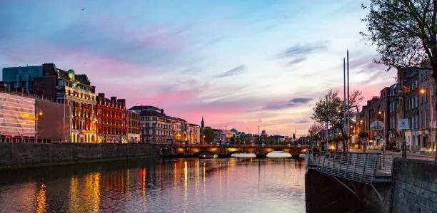 Dublin City centre at night along the river Liffey on the quays, Dublin, Ireland.