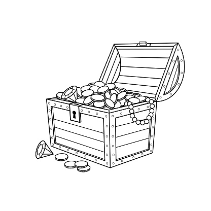 Illustration of a black and white treasure chest full of gold coin into a white background for assembling or creating teaching materials for moms doing homeschooling and teachers searching for pictures for teaching.