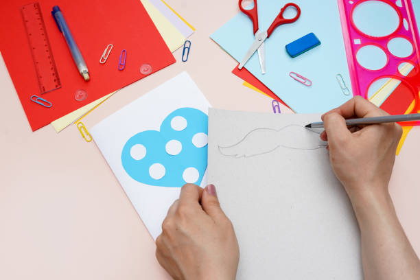 istock Making greeting card heart with mustache for Father's Day. art project. DIY concept. Step-by-step photo instruction. Step 4 1222939720