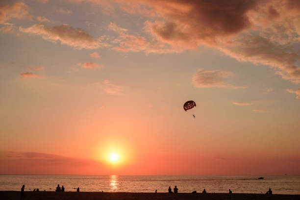 Parasaler over the sea in the sunset light. View of a tropical beach.