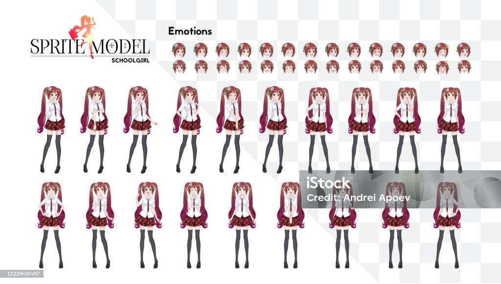 Set Of Emotions Sprite Full Length Character For Game Visual Novel Anime  Manga Girl Cartoon Character In Japanese Style In A White Shirt A Red Skirt  In A Cage A Tie And