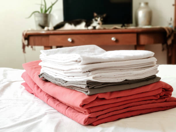 Cleaned sheets and pillow cases folded neatly with cat in the background Cleaning and organizing home during covid-19 lock-down. bed sheets stock pictures, royalty-free photos & images