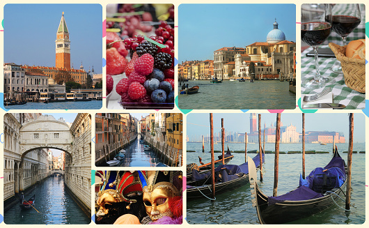 A collage of photos of attractions Venice Italy.