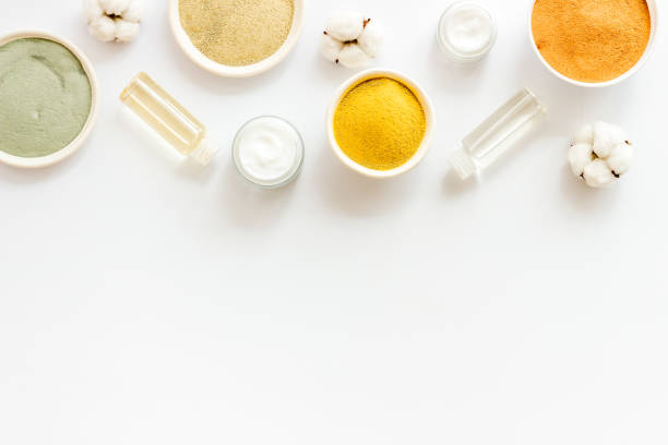 istock Various kinds of cosmetic clay on white desk top view copy space 1222942827