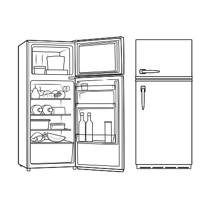Drawing the front view of the red refrigerator and opening it inside to a white background for assembling or creating teaching materials for moms doing homeschooling and teachers searching for pictures for teaching materials.