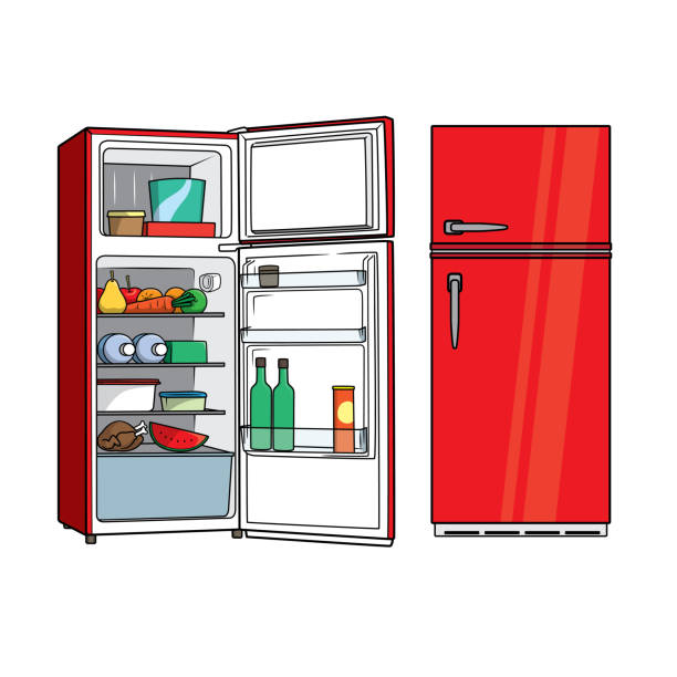 Drawing The Front View Of The Red Refrigerator And Opening It