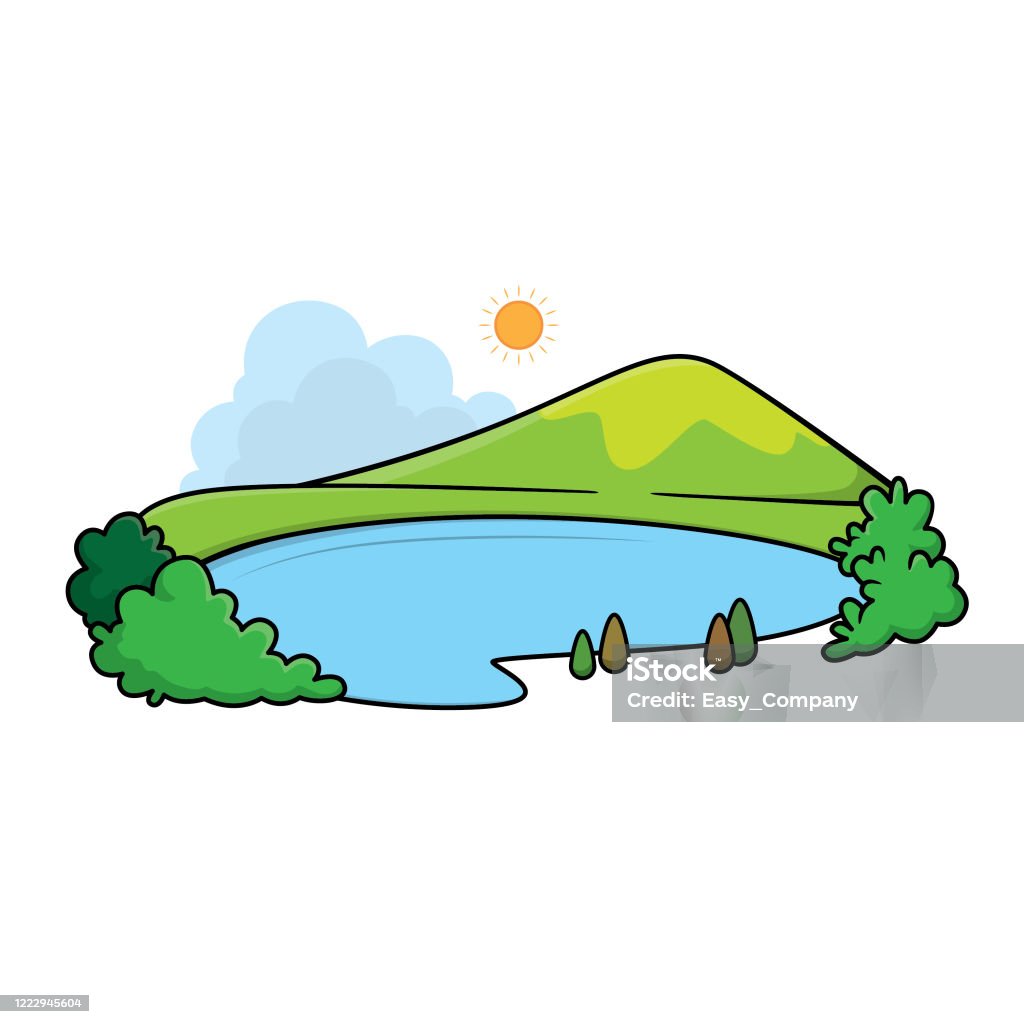 Drawing Illustration Cartoon Lake And Mountains Trees It Can Be Used As An  Icon Or As Teaching Material For Teachers Or Parents Who Make A Home School  To Make Media Movies For