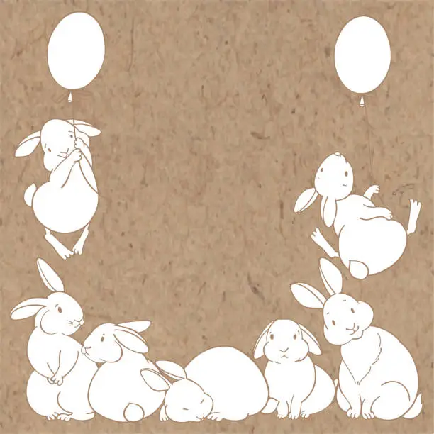 Vector illustration of Cartoon vector background with adorable rabbits on kraft paper. Can be greeting cards, invitations, flyers, element for design.