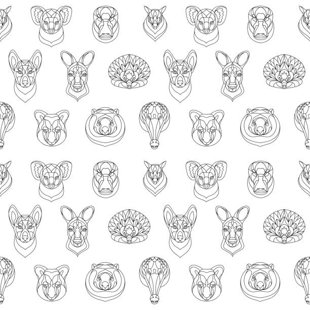 Australian animals outline coloring seamless pattern. Vector illustration Australian animals seamless pattern. Kangaroo, Dingo dog, tree kangaroo, koala, echidna, anteater, wombat, crocodile and platypus repeat background for coloring books, t-shirt, textile prints. wombat stock illustrations
