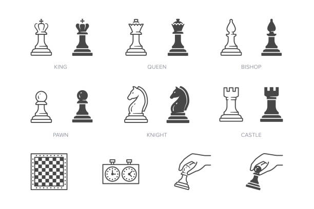 illustrazioni stock, clip art, cartoni animati e icone di tendenza di icona della linea del pezzo di scacchi. illustrazione vettoriale di pedone, cavaliere, regina, alfiere, cavallo, torre. pittogramma della scheda checkmate - regina di scacchi