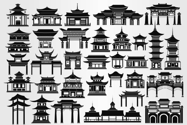 Set of Chinese temples, gates and traditional buildings Set of Chinese temples, gates and traditional buildings in black and white pagoda stock illustrations
