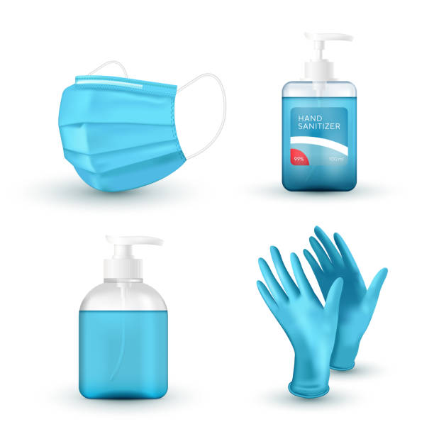 Realistic blue medical face mask, medical latex gloves, hand wash soap and sanitizer. Virus protection. 3D icon set. Vector illustration. Realistic blue medical face mask, medical latex gloves, hand wash soap and sanitizer. Virus protection. 3D icon set. Vector illustration weather protection clothing stock illustrations