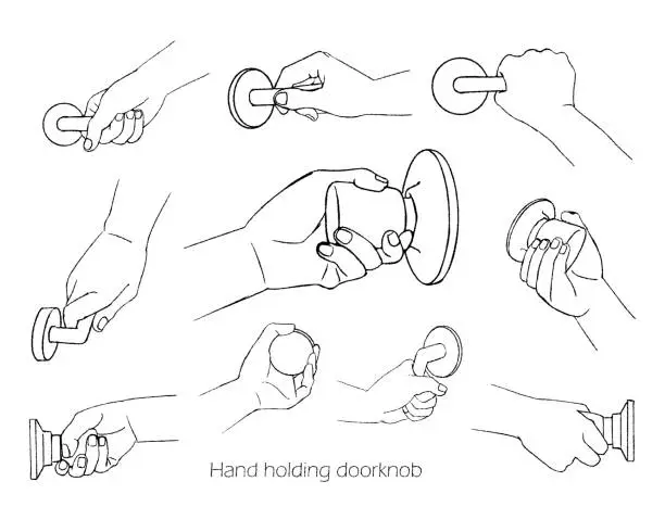 Vector illustration of Illustration set of a hand holding a doorknob / line drawing