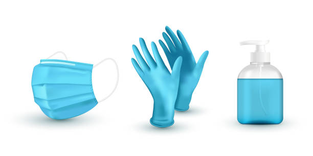реалистичная синяя медицинская маска для лица, медицинские латексные перчатки и дезинфицирующее средство. защита от вирусов. векторная ил� - hand in latex glove stock illustrations