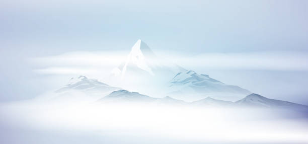 ilustraciones, imágenes clip art, dibujos animados e iconos de stock de amanecer en el paisaje de montañas cubiertas de nieve con niebla - sunset winter mountain peak european alps