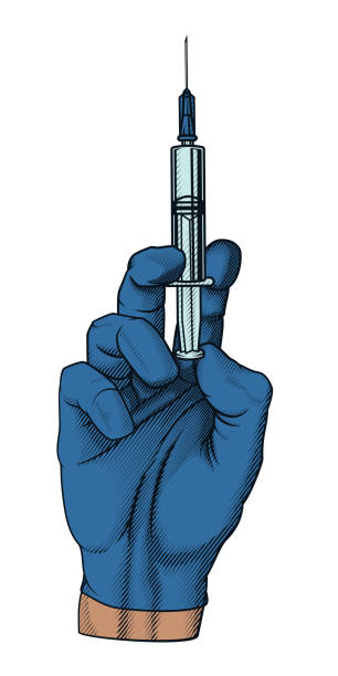 ilustrações, clipart, desenhos animados e ícones de mão com seringa de injeção. - injeção insulina luva